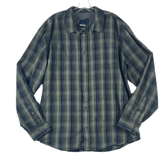 Prana Shirt Adult XL Holton Long Sleeve Button Up Green Blue Plaid Check Men - Picture 1 of 11